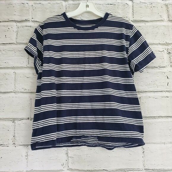 LL Bean Blue White Striped Short Sleeve Tee Shirt Boys Size Medium - Picture 1 of 5
